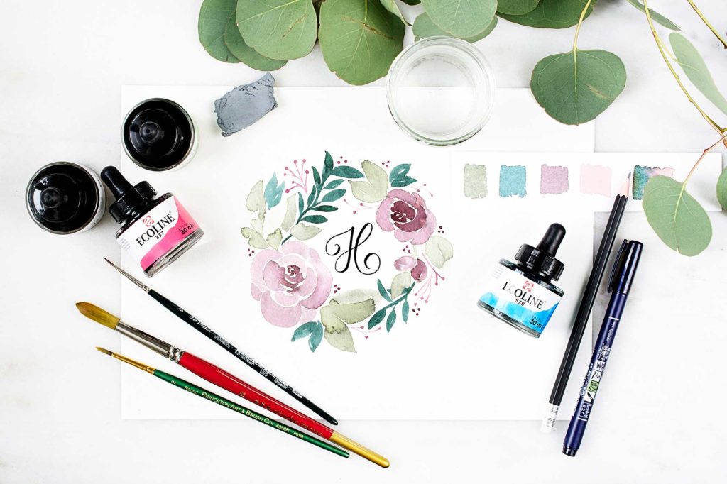 monogramm-blumenkranz-watercolor-farbe-mischen