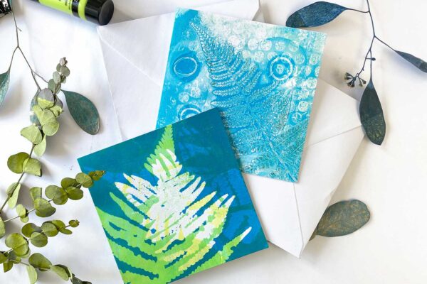 Gelli Print Karten für Workshop Pflanzendruck