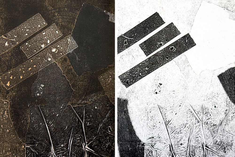 Collagrafie – Druckplatte und Druckergebnis